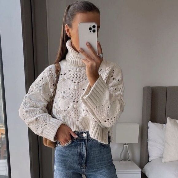 ZARA Bloggers Favorite Chunky Knit Sweater Womens Medium Crochet Turtleneck Boho - Picture 1 of 13